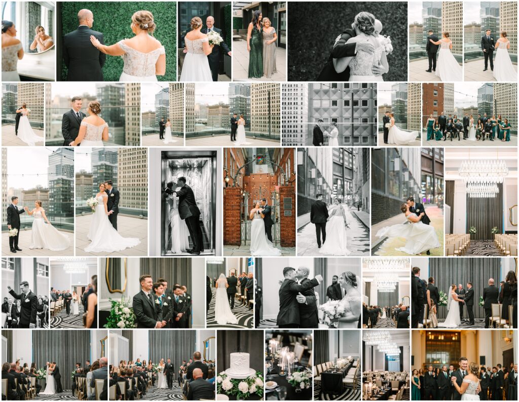  November wedding moments at Hotel Monaco Pittsburgh, featuring bride and groom, ceremony, and reception details