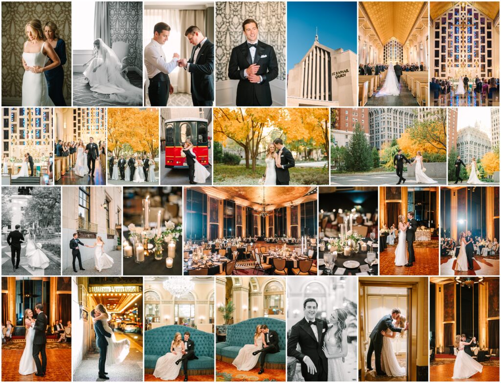 Wedding photos from the Omni William Penn in Pittsburgh, featuring elegant ballroom decor, a bride and groom posing under a grand chandelier, a candid moment during the ceremony, a close-up of intricate table settings, and the couple dancing beneath ornate ceilings.