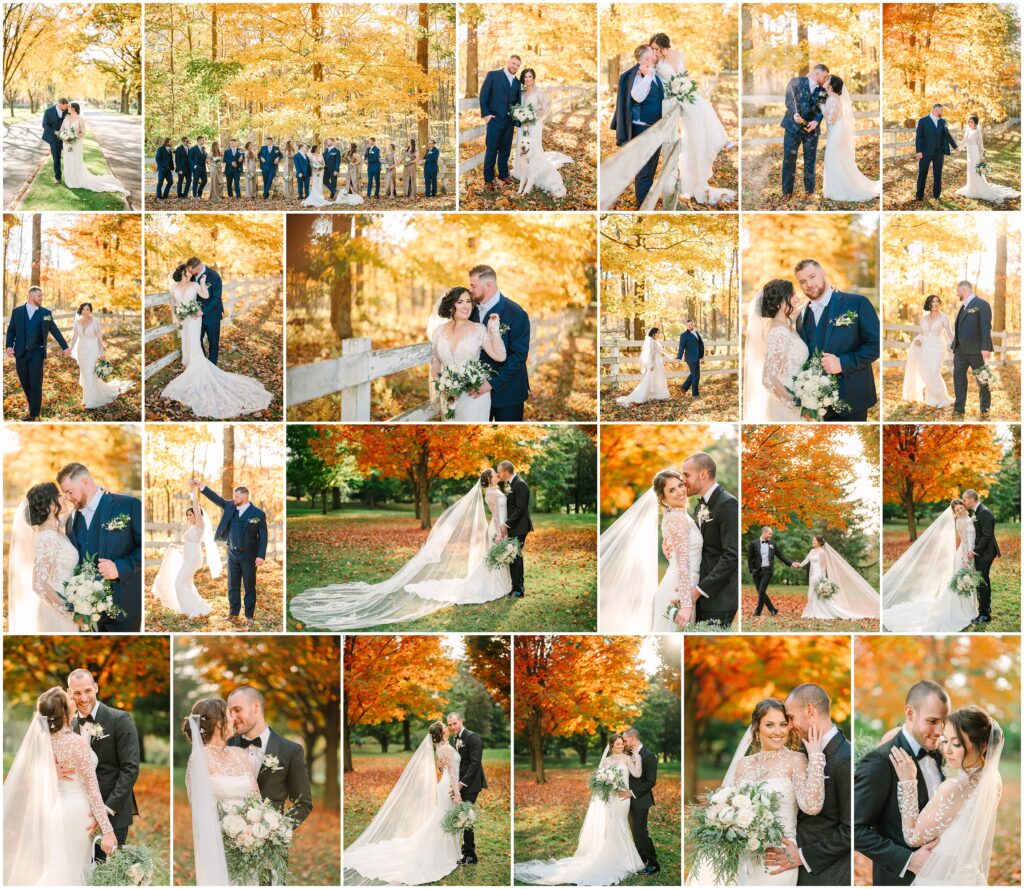 Fall wedding portraits showcasing a couples surrounded by vibrant autumn leaves, intimate moments under golden sunlight, playful interactions with scattered foliage, and scenic backdrops of tree-lined paths and warm, earthy tones.