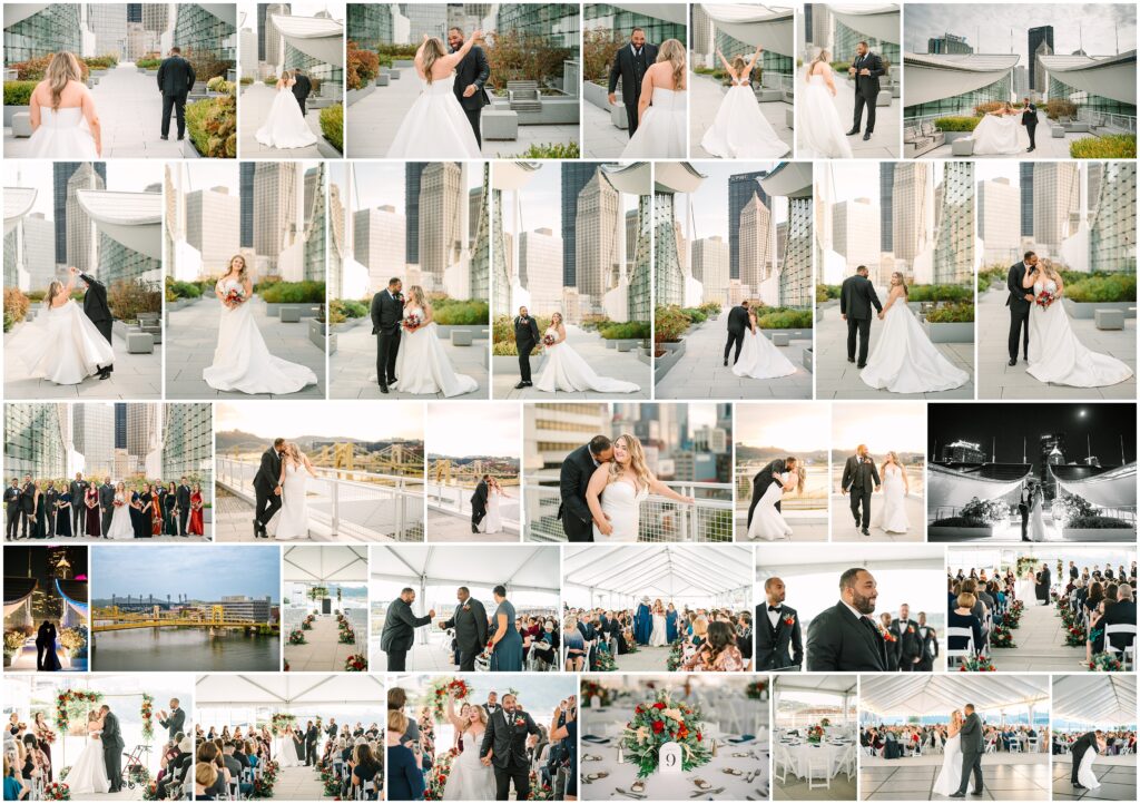 A couple exchanges vows on the rooftop of the David L. Lawrence Convention Center, with the Pittsburgh skyline in the background. The bride, wearing a flowing white gown, smiles at her partner, who is dressed in a sharp black suit. The sun sets behind the city, casting a warm glow over the scene.