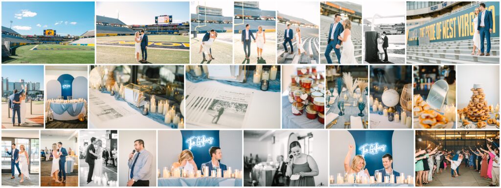 The newlyweds taking portraits at Mountaineer Field, celebrating their elopement with their loved ones, having a first dance, and running off into the night