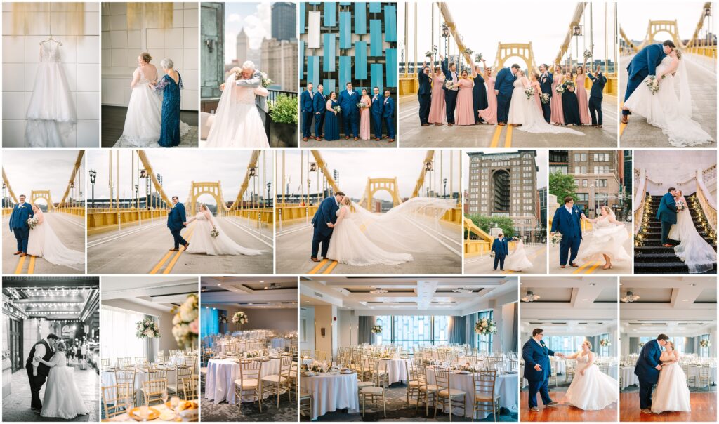  Newlyweds enjoying their day. From getting ready in the suites at the hotel, to portraits in front of the venue, to sharing their first dance in the Symphony Ballroom of the Renaissance Hotel Pittsburgh, floor-to-ceiling windows creating a romantic atmosphere