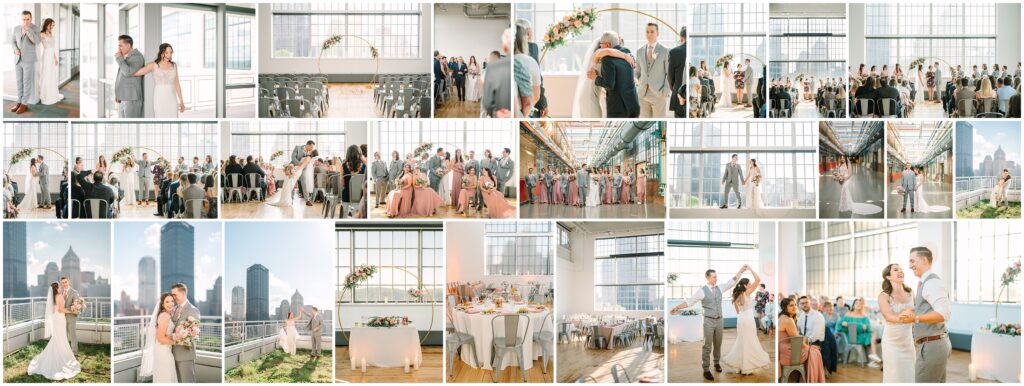 The couple poses for portraits all over the venue. Wedding ceremony in the Energy Innovation Center's main hall, with natural light streaming through industrial windows illuminating the gathered guests. Evening reception in the transformed space, with string lights twinkling above dining tables, the historic brick walls creating a warm ambiance against modern decor elements