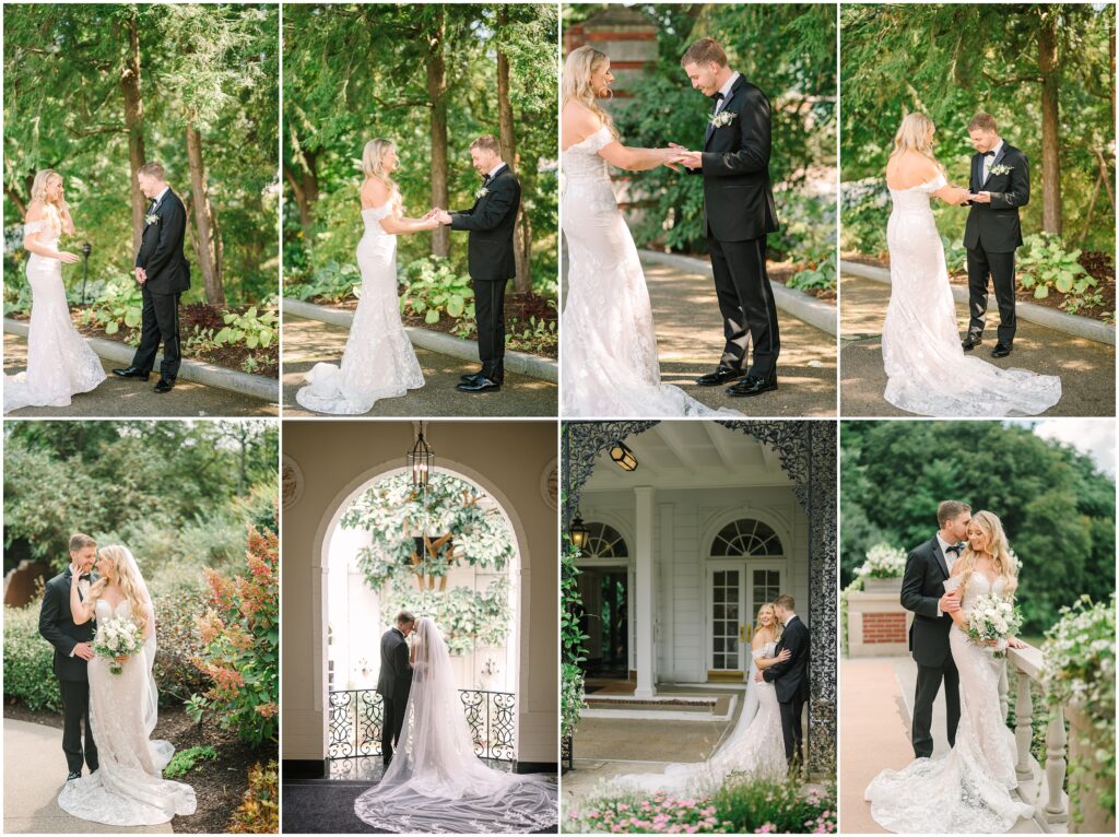 Couple shares their first look in a sun-dappled garden, tears forming as they see each other in their wedding attire for the first time