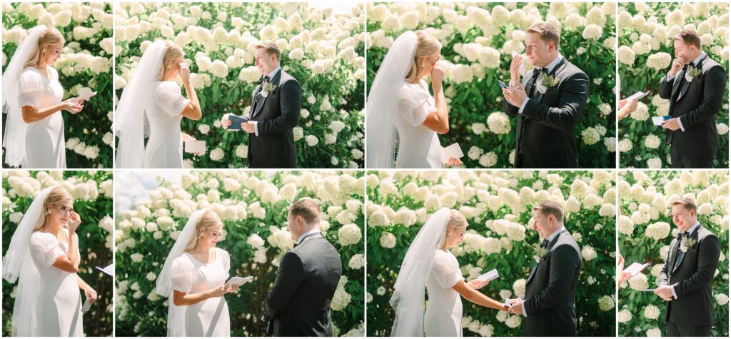 A couple sharing an intimate moment during their private vows exchange at sunrise, tears of joy streaming down their faces as they hold hands in a secluded garden setting, golden light illuminating their expressions