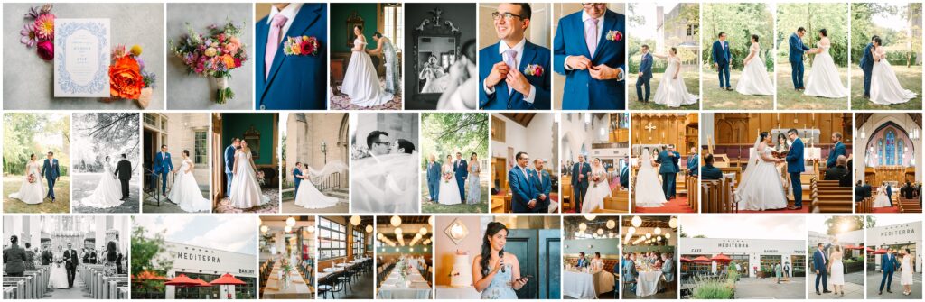 An intimate wedding setup featuring the couple's first look, small church ceremony, and intimate reception with elegant place settings, floating candles, and lush florals, set against a small cafe backdrop