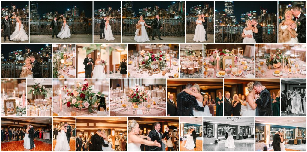 Romantic nighttime wedding portrait series at Sheraton Station Square - newlyweds embrace on riverside walkway with illuminated Pittsburgh skyline behind them, followed by candid reception moments in the ballroom featuring glowing chandeliers and city lights twinkling through floor-to-ceiling windows